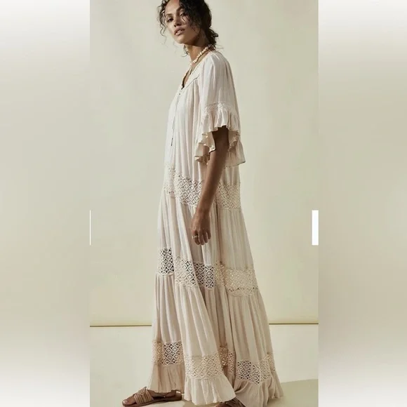 Free People Dream On Maxi Beach Dress Sand Dollar Flutter Sleeves Oversized - Picture 2 of 4